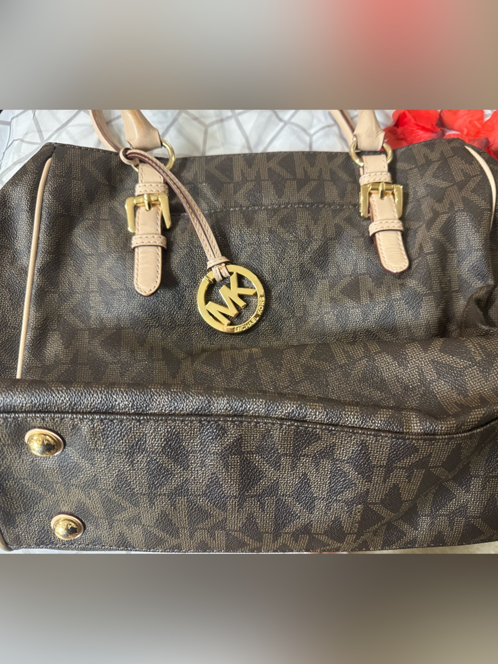 Michael Kors Brown Coated Canvas MK Logo Tote with Tan Leather Trim - Pre-loved.